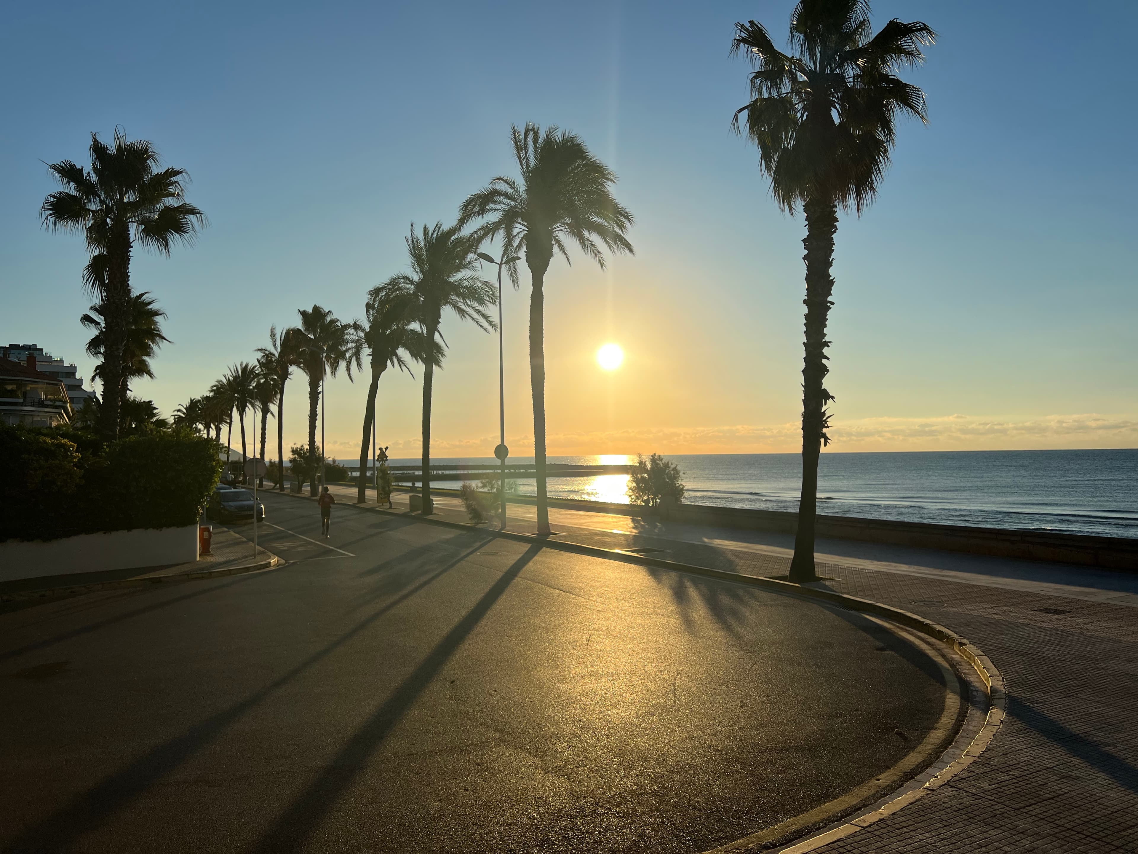 A orla de Sitges margeada de palmeiras junto à praia e ao mar