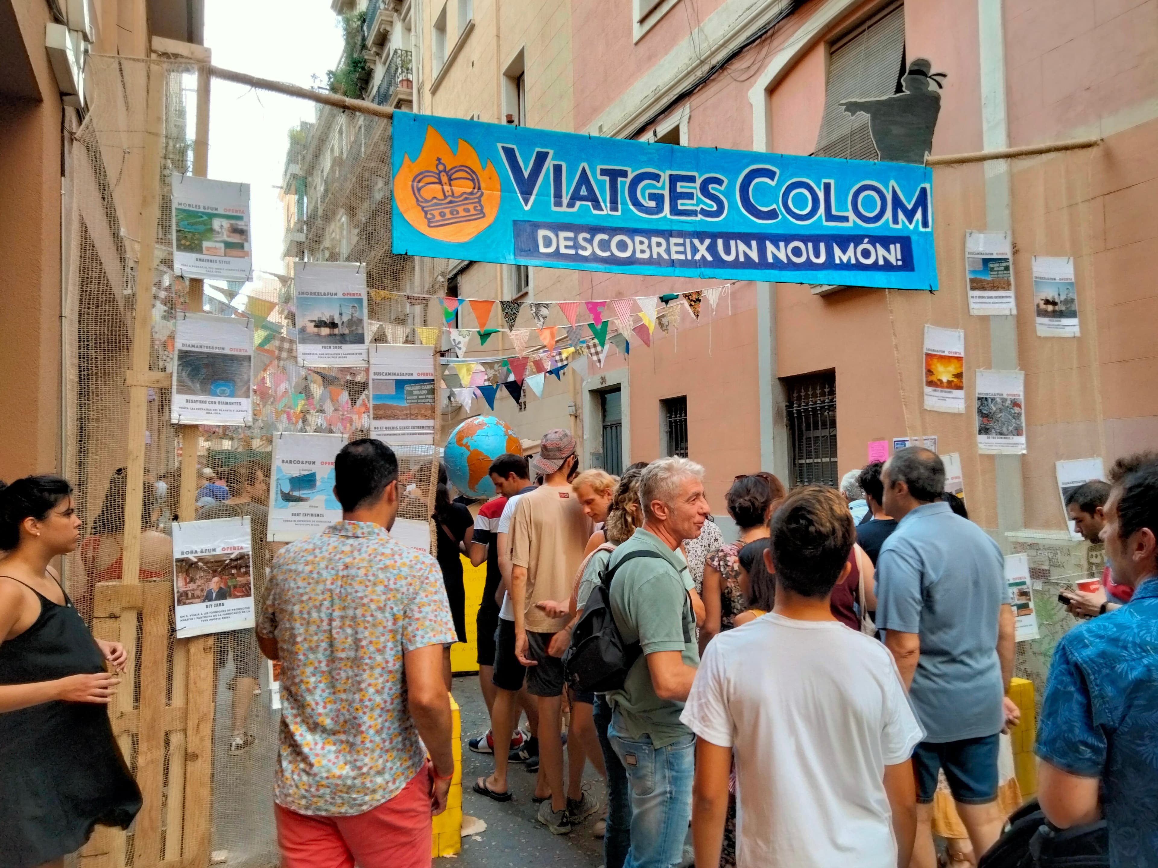 Decorated street at carrer de Sant Pere Màrtir during the Festa Major de Gràcia 2022 in Barcelona